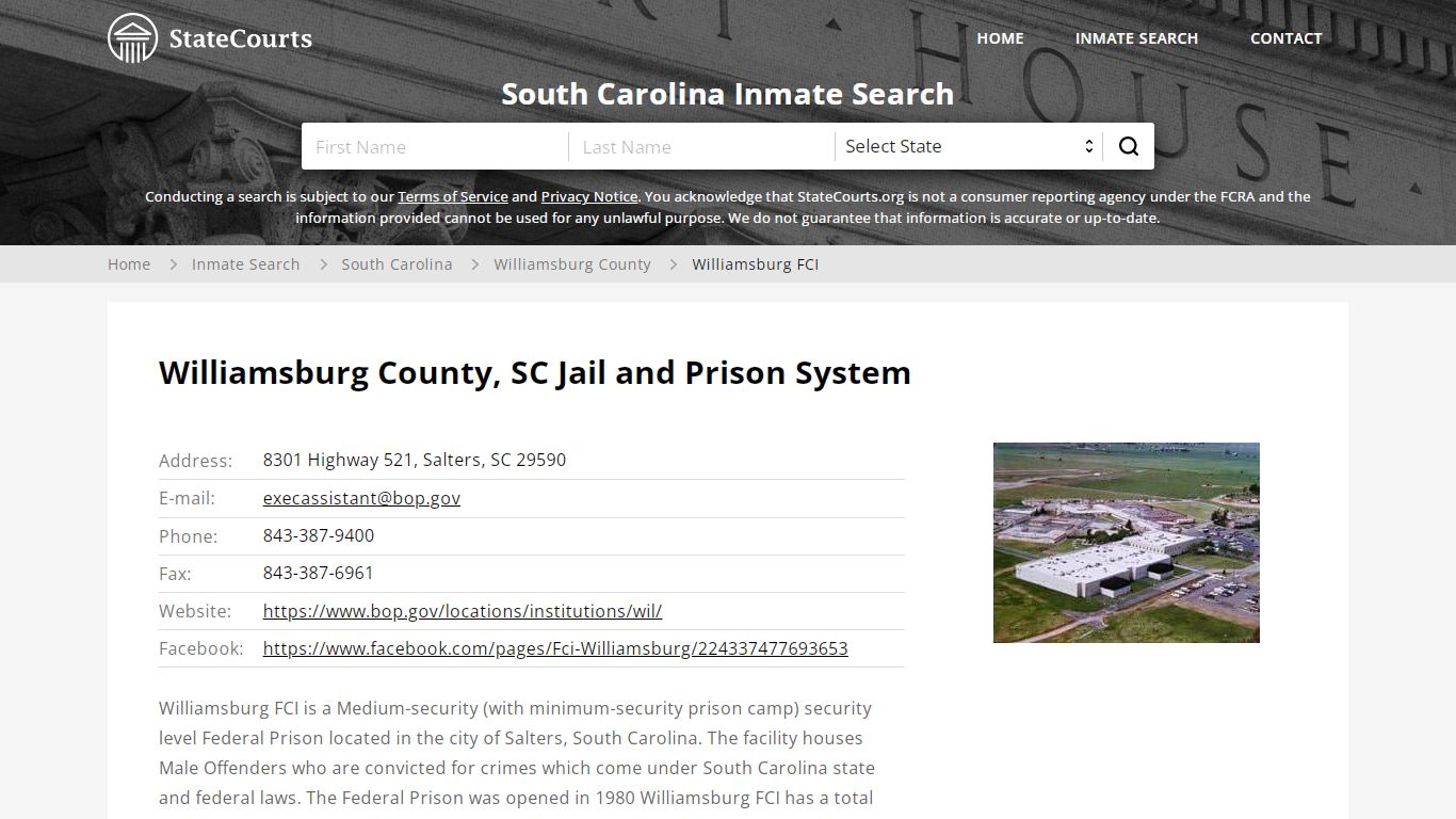Williamsburg FCI Inmate Records Search, South Carolina - StateCourts